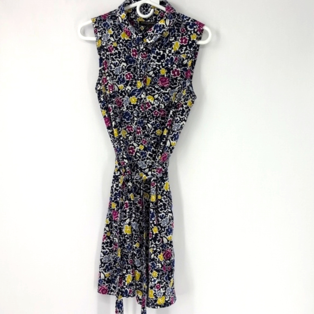 Banana Republic Navy Floral Sleeveless Tie-Waist Mini Dress